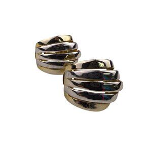 Oval Two-Tone Gold & Silver Clip-On Earrings Vintage Metal Striped Dome Design